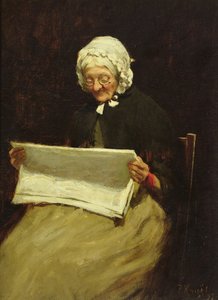 Gammel kvinne som leser en avis, 1895